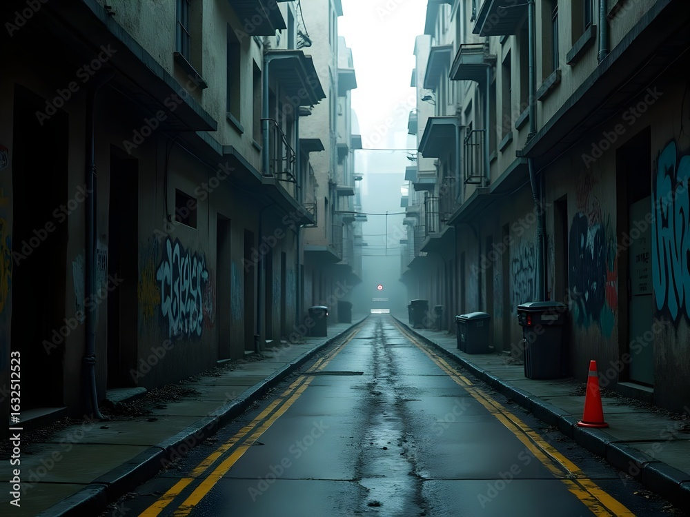 Obraz premium Narrow, damp alleyway flanked by graffiti-covered buildings, featuring yellow ground markings, black trash bins, orange traffic cones, and a foggy, desolate atmosphere