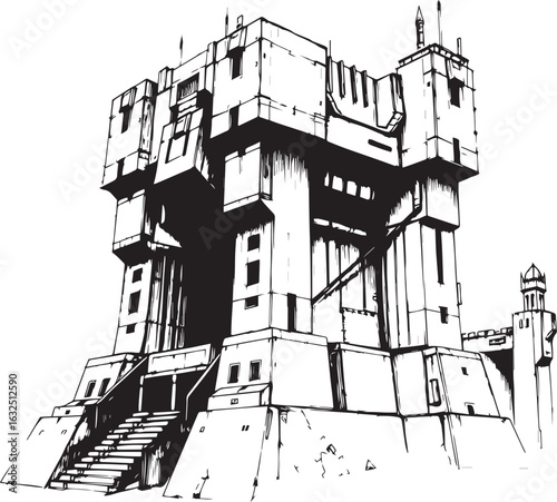 A powerful defensive fortress. The illustration expresses power and steadfastness. Hand drawn vector illustration