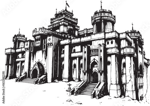 A powerful defensive fortress. The illustration expresses power and steadfastness. Hand drawn vector illustration