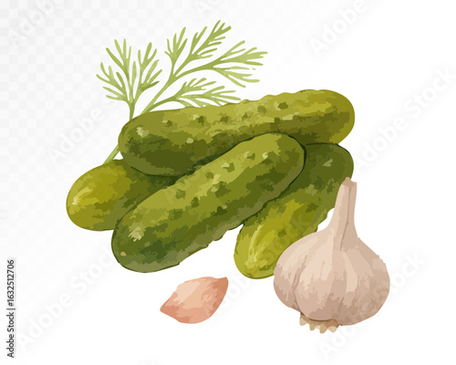 Watercolor composition of pickles with garlic and dill, a tangy and flavorful fermented food staple. Vector illustration.