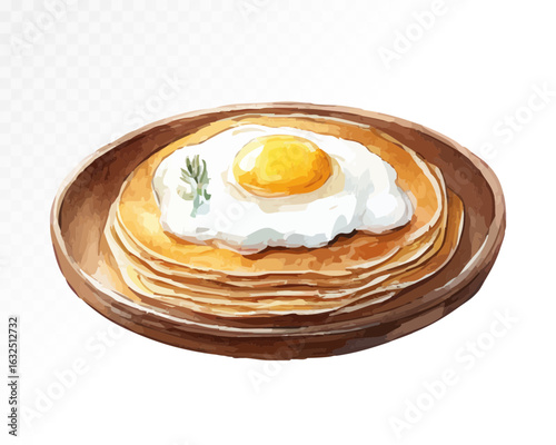 Watercolor stack of thin pancakes topped with a fried egg, a delicious blend of breakfast flavors from Eastern Europe. Vector illustration.