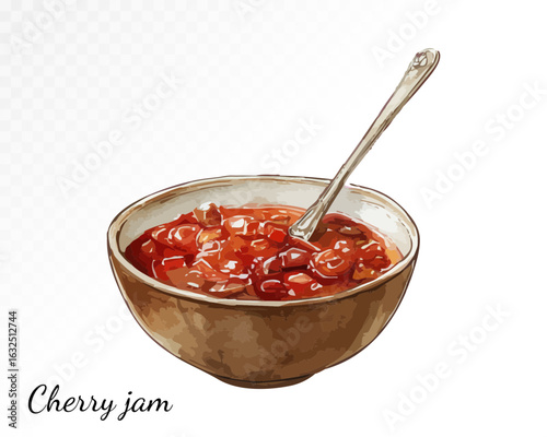 Warm watercolor illustration of a bowl filled with cherry jam and a spoon, ideal for cozy kitchen wall decor, food packaging, or culinary-themed creative projects. Vector illustration.

