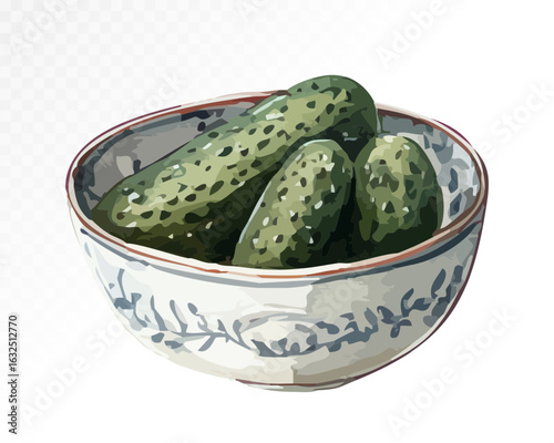 Watercolor illustration of traditional Ukrainian pickles served in a decorative ceramic bowl, crunchy and full of flavor. Vector illustration.