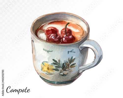 Watercolor illustration of a glass mug filled with traditional Ukrainian kompot — a homemade fruit drink served warm or cold. Vector illustration.