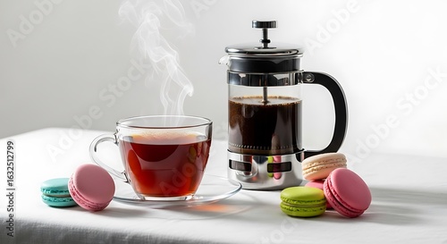 A cup of tea and a coffee french press with colorful macarons.