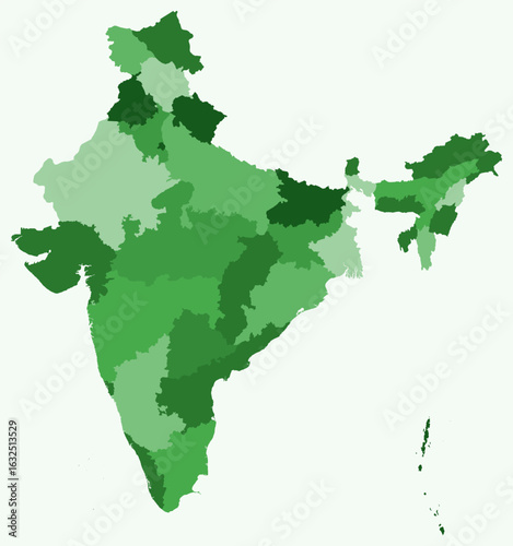 Map of India with states. Just a simple country border map with state division. Green color palette. Plain India shape with administrative division. Vector illustration.
