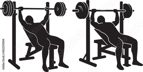 Two men performing bench press exercises silhouette