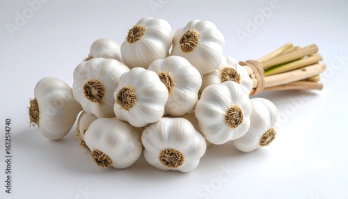 Fresh garlic bulbs tied with natural twine, arranged on a clean white surface