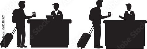 Two travelers checking in at a hotel reception silhouette