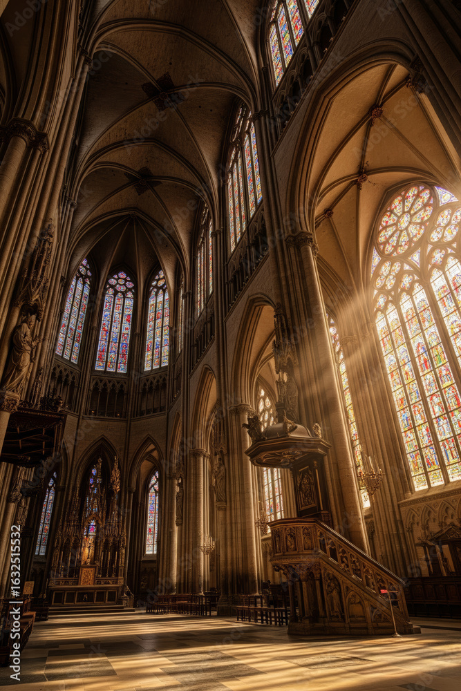 Fototapeta premium Sunlight Streams Through Stained Glass Windows Illuminating the Majestic Gothic Cathedral Interior with Ornate Architectural Details and Vaulted Ceilings