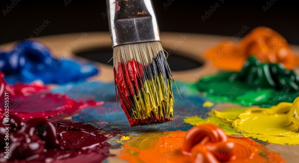Fototapeta premium Artist's palette with vibrant oil paints and a brush being used for creative expression and artistic development