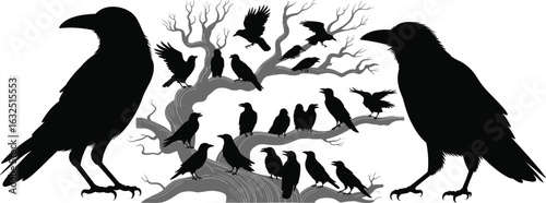 Crow silhouettes on spooky tree, flying and perched ravens, eerie black bird vector set for Halloween and dark-themed illustrations