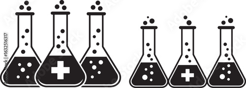 Medical laboratory flasks with bubbles and crosses silhouette