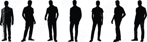 Silhouettes of standing men in casual and business poses, vector illustration of male figures in relaxed and confident stances