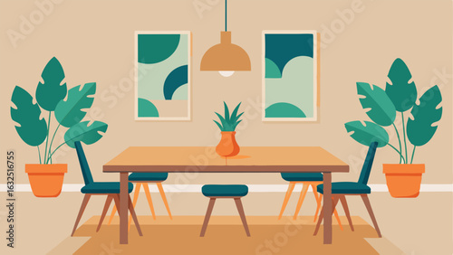 A minimalist dining room with a long wooden table and a statement piece of tropical art.