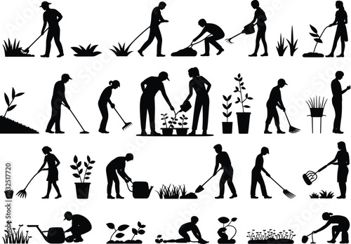 Gardening silhouettes collection, people planting, raking, watering, and weeding, garden maintenance vector set with tools, pots, and plants