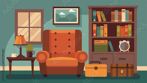 A living room with a distressed leather armchair a vintage steamer trunk serving as a coffee table and shelves filled with old books and trinkets.