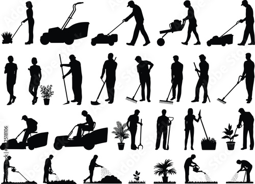 Gardening and landscaping silhouette set, people using tools and equipment, lawn mowing, watering, planting, yard maintenance vector illustration for design