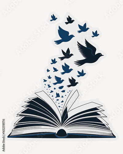 Open book with flying birds illustration representing knowledge freedom and imagination with education theme vector art concept