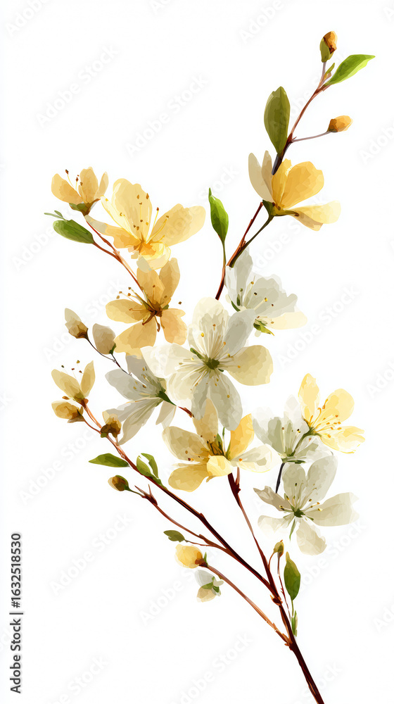 Fototapeta premium Delicate Watercolor Flowers with Green Leaves on White Background 