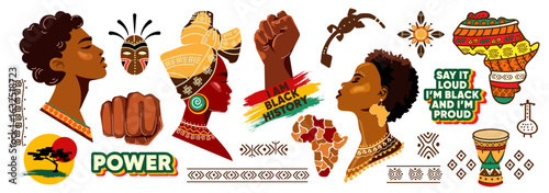 Black History Month concept set with African Art Icons. African American pride, Black history symbols, patterns, raised fists, Afro hairstyles, cultural masks, drums, and empowering messages. Vector