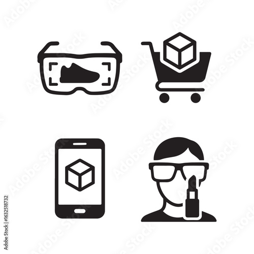 Futuristic Black Line Icons — AR Glasses Scanning, 3D Shopping Cart, Mobile AR Preview, Product Try-On on White Background