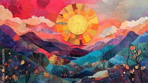 Vibrant Paper Collage of a Sun and Landscape