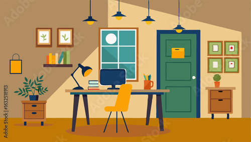A home office with a desk made from reclaimed doors a cork bulletin board and energyefficient lighting.