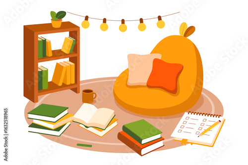 Cozy reading corner with beanbag chair bookshelf and books for relaxation and study enjoyment