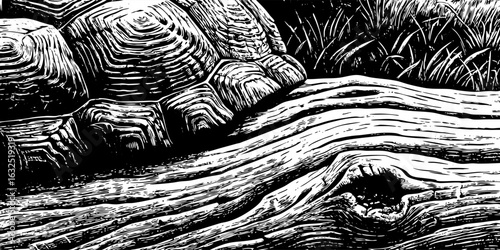 Turtle shell woodcut style black and white tortoise graphic art animal reptile nature wildlife vintage design vector illustration