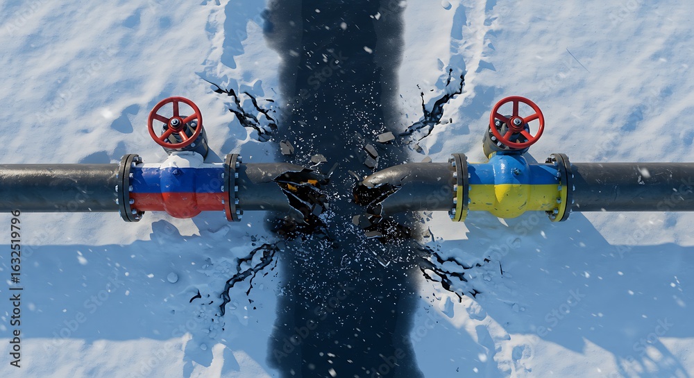 Naklejka premium Russian Ukrainian gas pipeline rupture symbolizes energy crisis and geopolitical tension in winter.