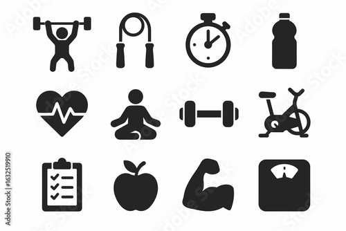 Fitness and Health Icons Set – Gym, Workout, Wellness, Nutrition Symbols