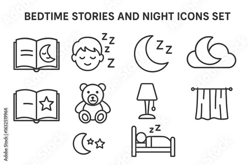 Bedtime Stories and Night Icons Set – Sleep, Moon, Dream Outline Illustrations