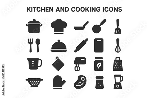 Kitchen and Cooking Solid Icon Set – Culinary Tools, Utensils, and Appliances
