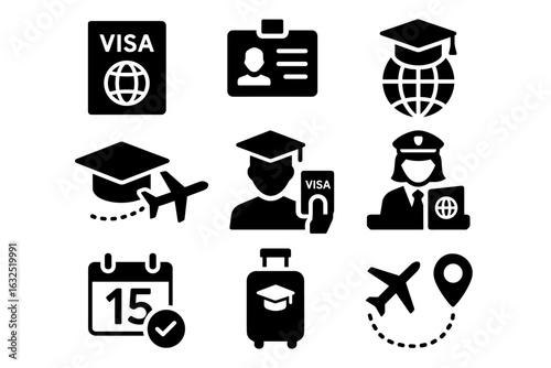 Student Visa and Study Abroad Icon Set – Global Education and Graduation Symbols