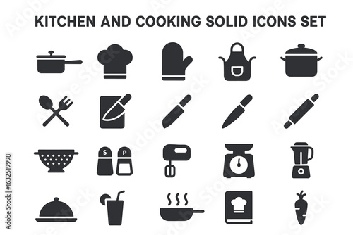 Kitchen and Cooking Solid Icon Set – Culinary Tools, Utensils, and Appliances