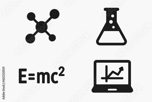Science and Education Icons Set – Chemistry, Physics, Research, and Data Analysis Symbols_simple_compose