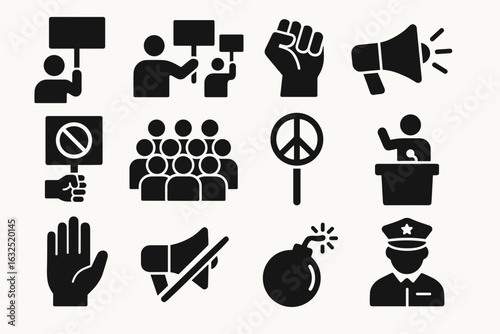 Protest and Demonstration Icons Set – Activism, Social Movements, and Political Rally Symbols_simple_compose