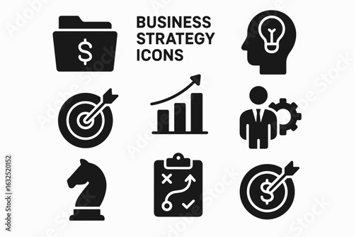 Business Analytics Solid Icon Set – Charts, KPI, Data Report, Growth, and Strategy