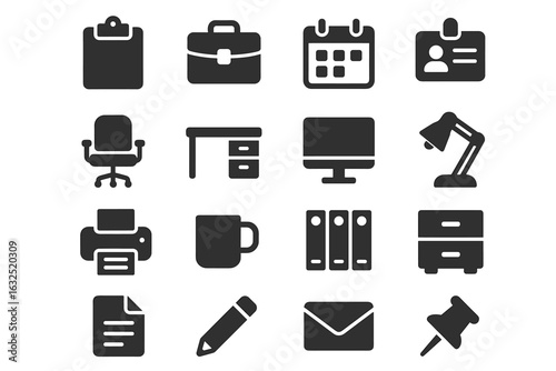 Office Icons Set – Desk, Chair, Computer, Lamp, Printer, Documents and Stationery