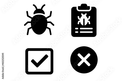 Bug Report Icons – Insect, Checklist, Approval and Error Symbols