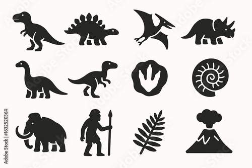 Prehistoric Icons Set – Dinosaurs, Mammoth, Caveman, Fossil, Volcano and Nature Symbols