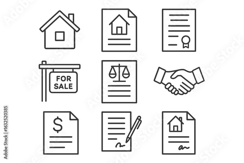 Real Estate Contract Icons – Property Sale, House, Agreement, Legal Documents and Deal