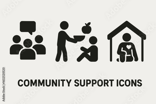 Community Support and Charity Icons – Volunteering, Donation, Shelter, Social Help