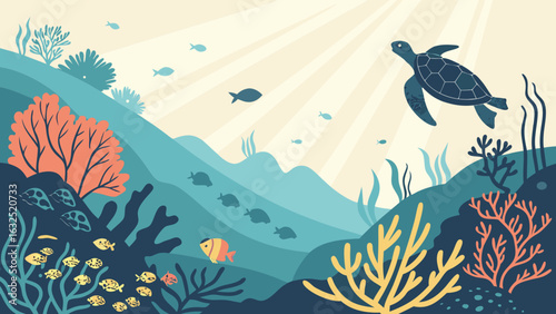 Underwater World Vector – Coral Reef Scene with Sea Turtles, Exotic Fish and Shimmering Sunlight Above