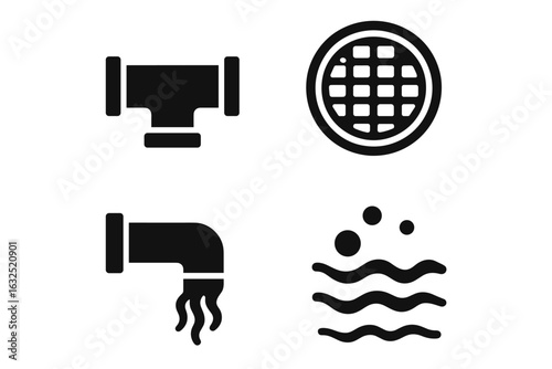 Sewer system and wastewater icons — drain, pipe, grate, water flow
