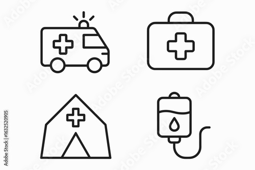 Medical line icon set — ambulance, first aid kit, medical tent, IV bag