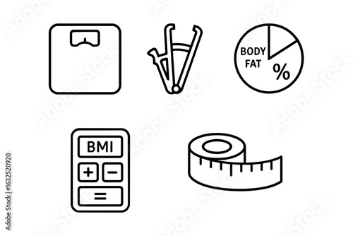 Body measurement line icons set — BMI, body fat, weight scale, tape measure, editable stroke