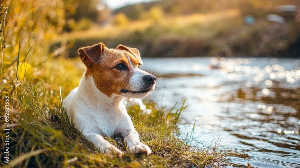 Jack Russell laying beside a riverbank, soft grass and water sounds, peaceful camping scene generative ai Jack Russell laying beside a riverbank, soft grass and water sounds, peaceful camping scene generative ai