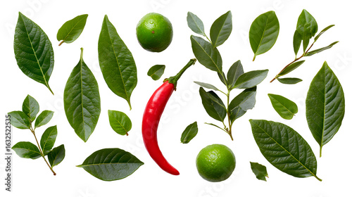 Wallpaper Mural A piece of herbal leaves and chili pepper on a white background. Vegetable pattern. Flowers and vegetables on wa hite background. Top view, flat lay isolated on a white background Torontodigital.ca